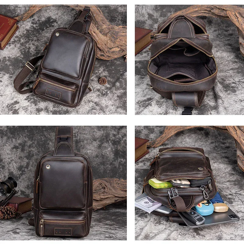 Male Retro Genuine Leather Top Layer Cowhide Shoulder Bags Waterproof Crossbody Travel Sling Messenger Chest Bag Pack for Men