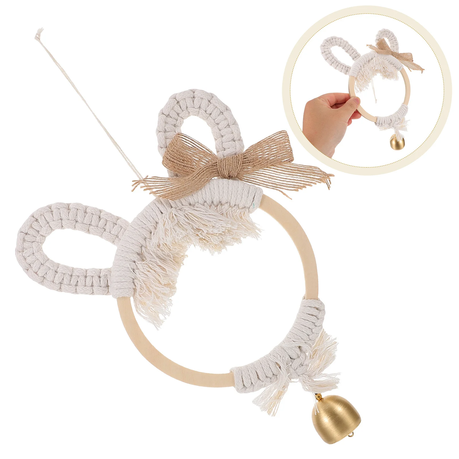 

Handwoven Bell Pendant Macrame Wooden Rustic Wall Hanging Decoration Boho Farmhouse Living Room Bedroom Macrame Bunny Wreath