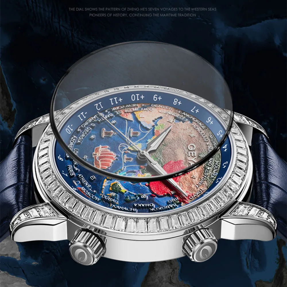 GUYA Worldtimer Fully Motorised Mechanical Men\'s Western Navigator Worldtimer, Luminous, Power Reserve, Luxury Watches