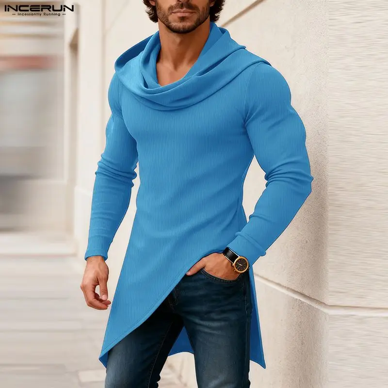 

INCERUN мужская длинная стильная футболка однотонная водолазка с длинным рукавом мужские футболки нестандартной формы уличная трикотажная модная повседневная футболка