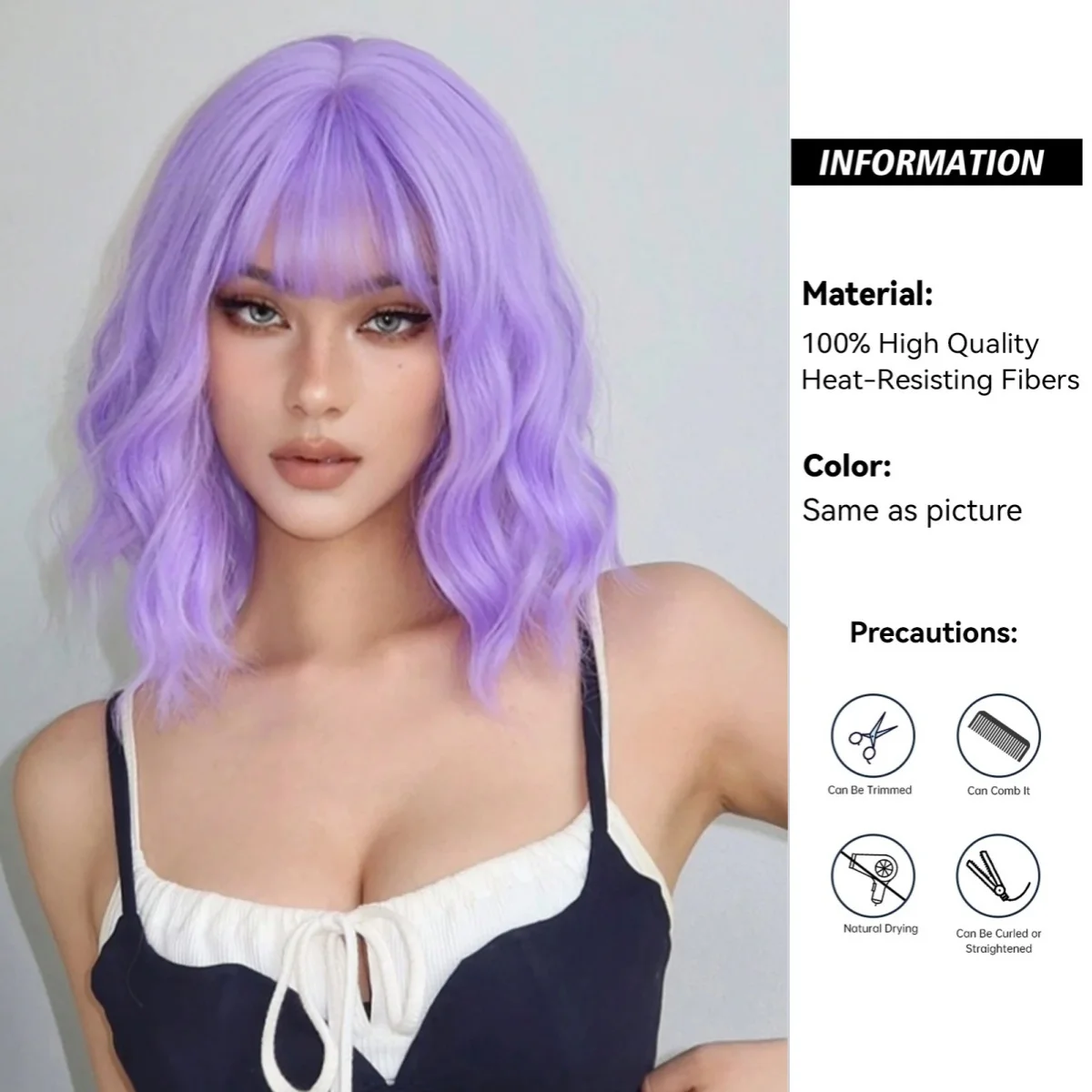Light Purple Synthetic Wigs Short Wavy Bob Wig with Bangs for Women Daily Use Natural Purple Cosplay Lolita Wig Heat Resistant