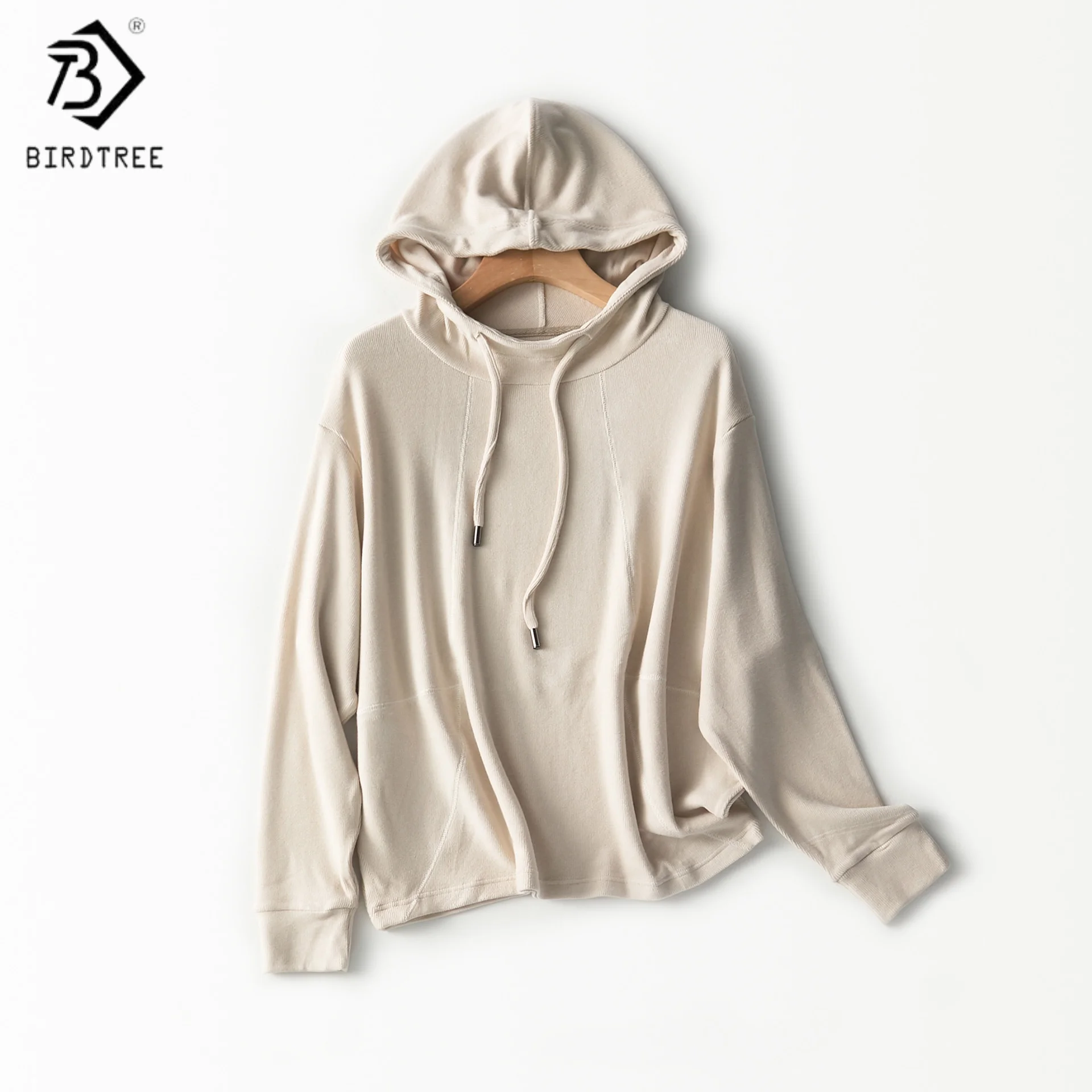 

Birdtree,Cashmere Blended Hooded Soft Hoodies,Woman Hooded Drawstring Full Sleeve Tops,2025 Autumn Solid Basics PulloverT5O715JF