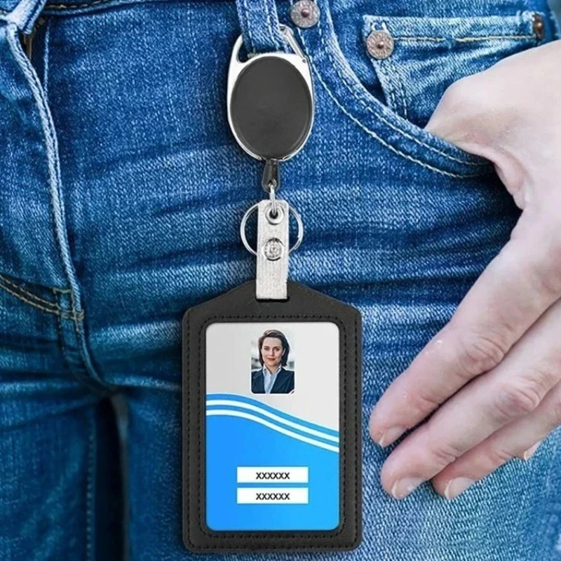

PU Leather ID Tag Pass Work Card Holder Badge Sleeve with Bedge Reel Exhibition Name ID Tag Card Cover Working Permit Case