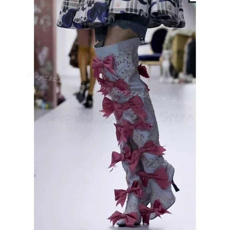 السماء الزرقاء التطريز الوردي القوس عقدة أشار تو الأحذية الجانب سستة النساء أحذية رقيقة عالية الكعب جديد المدرج 2025 Zapatos Para Mujere