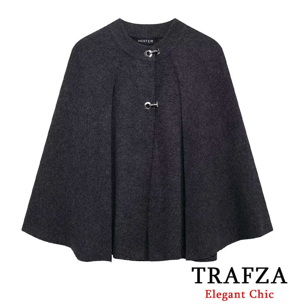 TRAFZA Elegant Women Cape Knitted Sweater Coat Metal Buckle Dark Gray Cape Coat New 2024 Spring Fall Fashion Casual Cape Sweater