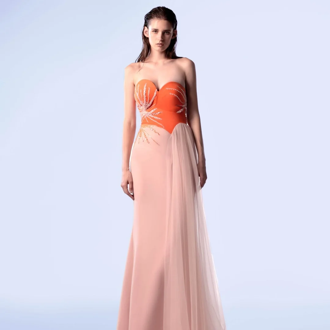 

Customized Delicate Jersey Straight Sequined Evening Dresses Zipper Back Strapless Sleeveless Panel Train Homecoming Dress