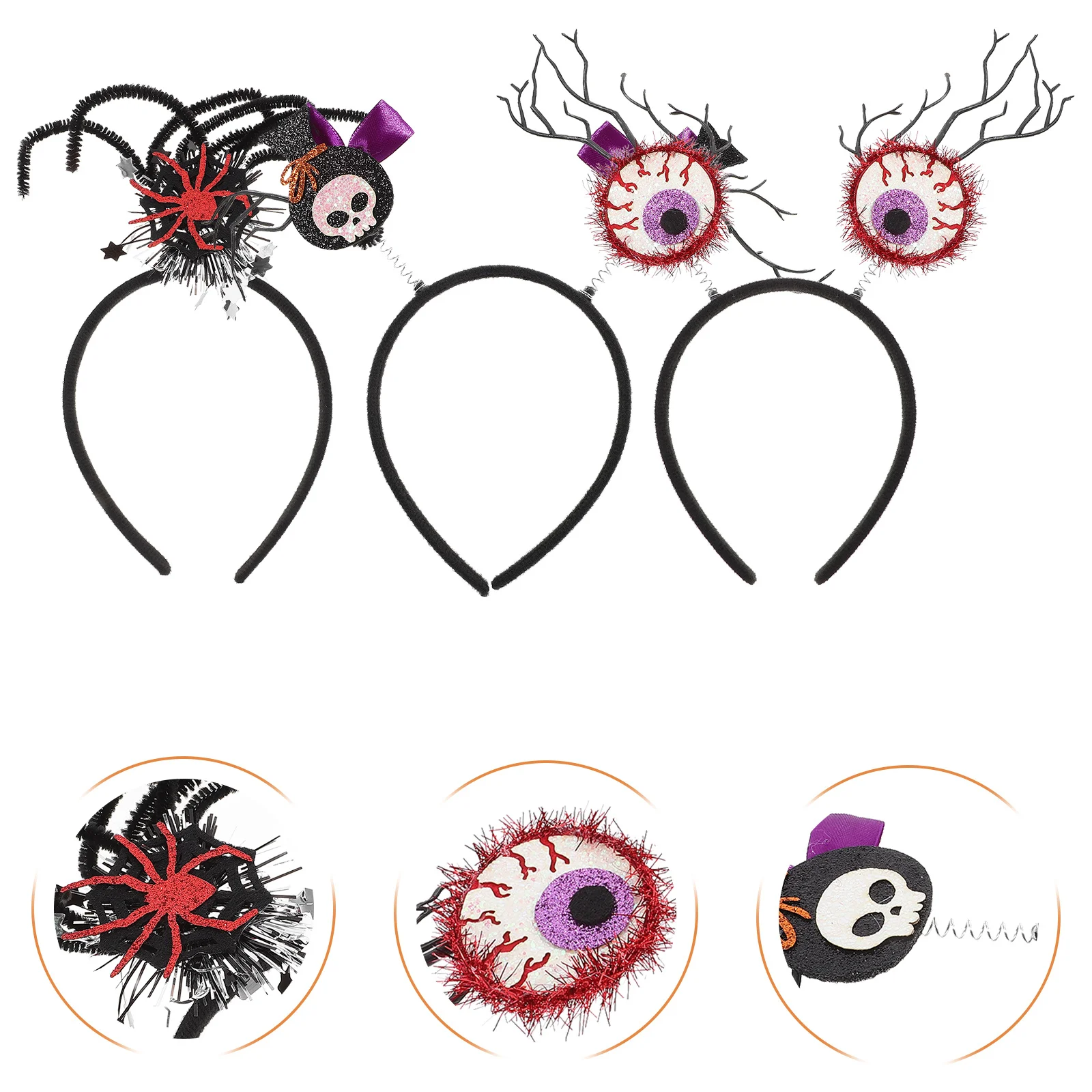 

3Pcs Halloween Spider Skull Eyeball Headbands Non-Slip Comfortable Fit Party Cosplay Headwear Halloween Headbands
