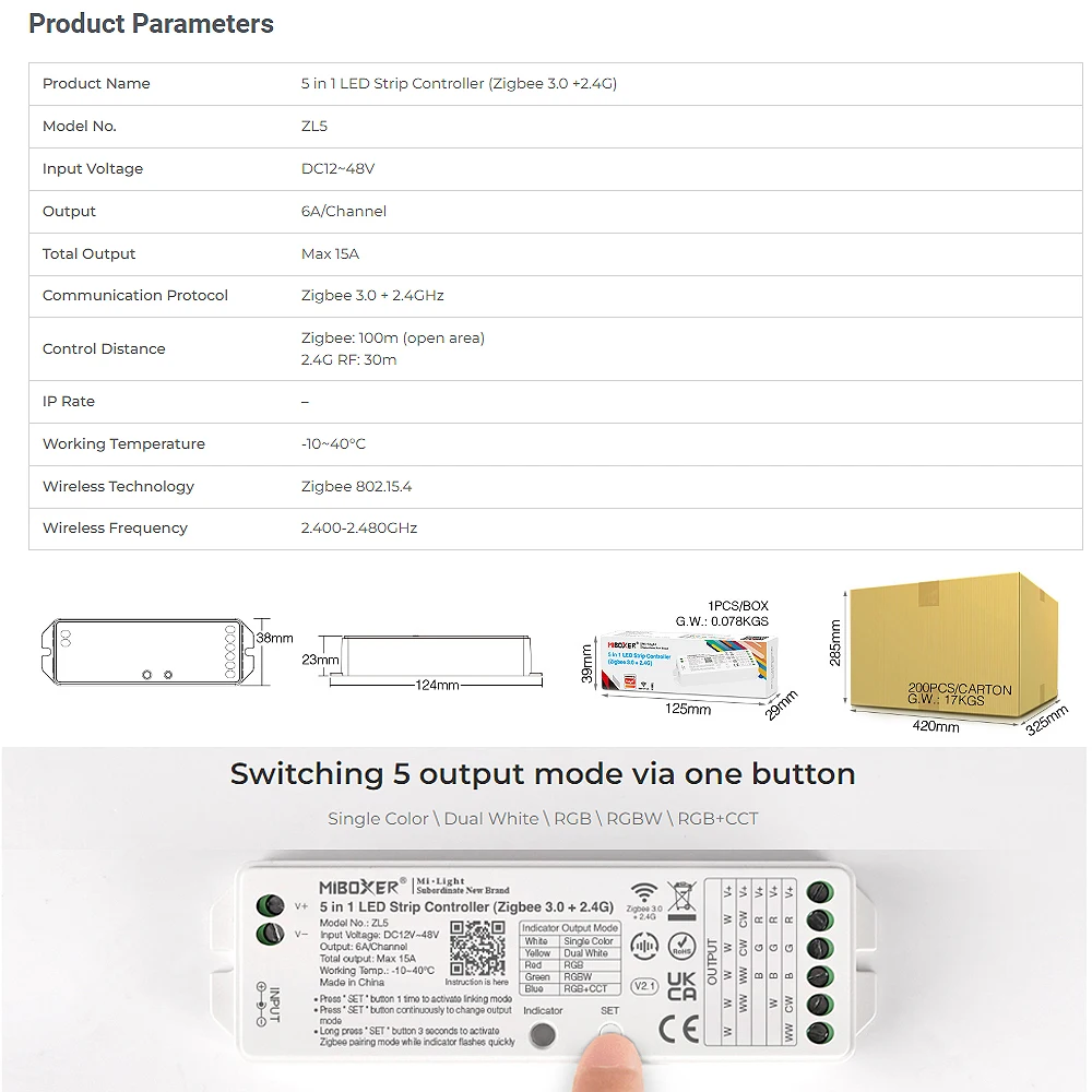 Miboxer Zigbee 3.0+2.4G Single Color Dual White RGB RGBW RGBCCT 5 in 1 LED Strip Controller ZL5 DC 12V 24V 2.4G WiFi APP Voice