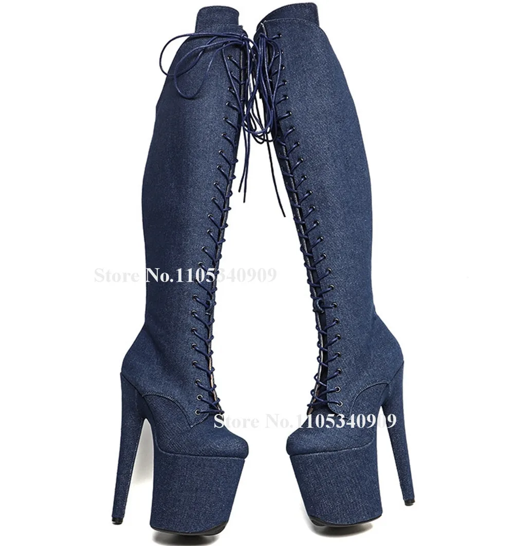 Bondarenko Blue Denim Stiletto Heel Knee High Boots Round Toe Lace-up High Platform 20cm Thin Heel Stage Dance Shoes