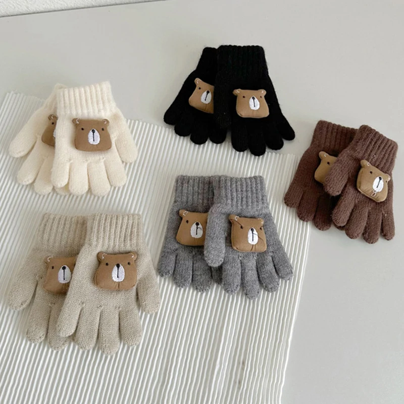 Bear Cute Baby Gloves Winter Warm Thicken Knitted Full Fingers Gloves for Boy Girl Solid Color Cartoon Kids Riding Mittens