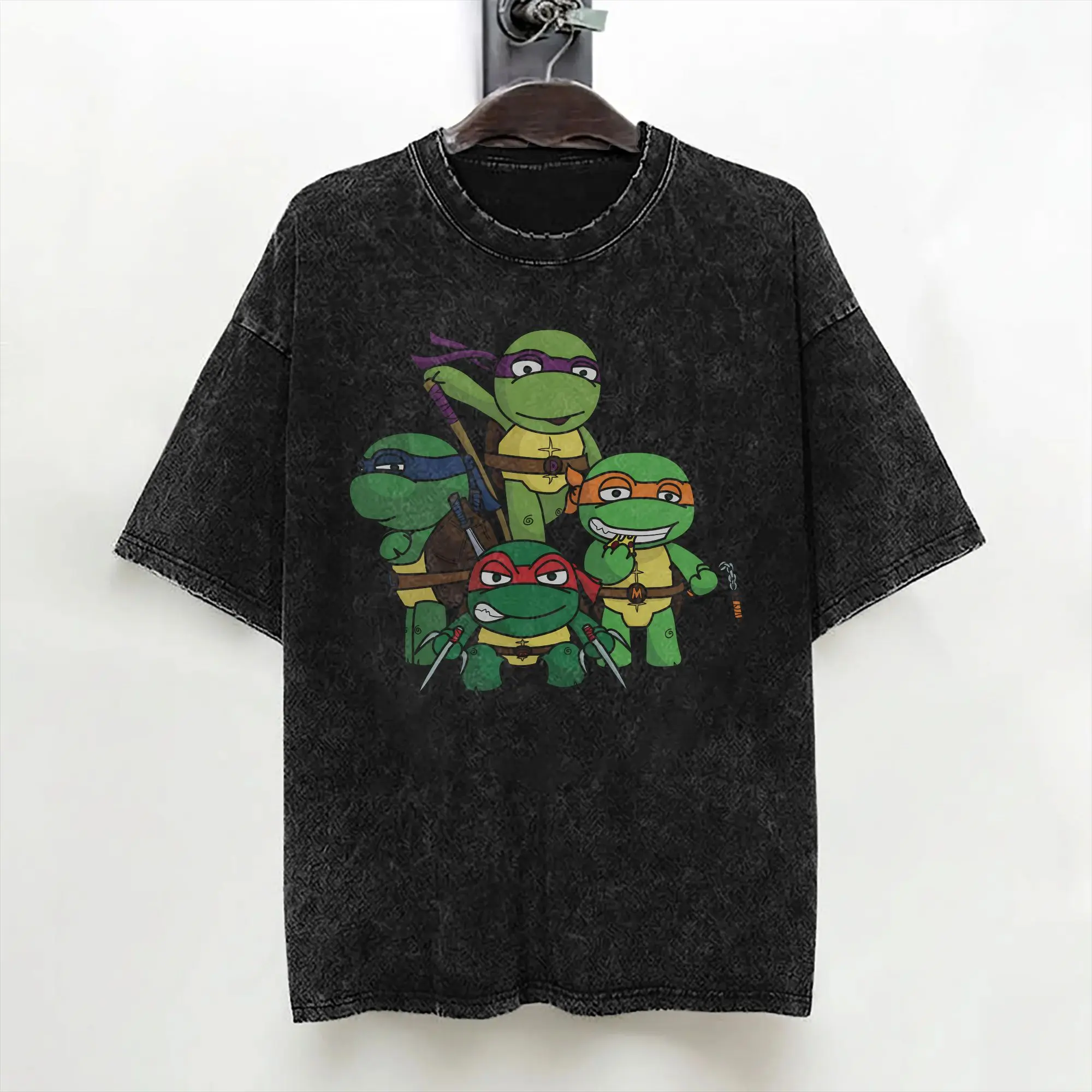 Cartoon Chibi Ninja T-Turtles Washed T Shirts Streetwear Vintage T-Shirts  Tees Men Women 100% Cotton Harajuku Summer