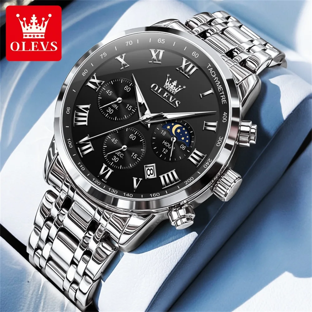 OLEVS 5529 Luxury Men Watch Stainless Steel Waterproof Luminous Moon Phase Timing Code Watch Brand Original Quartz Men Watch