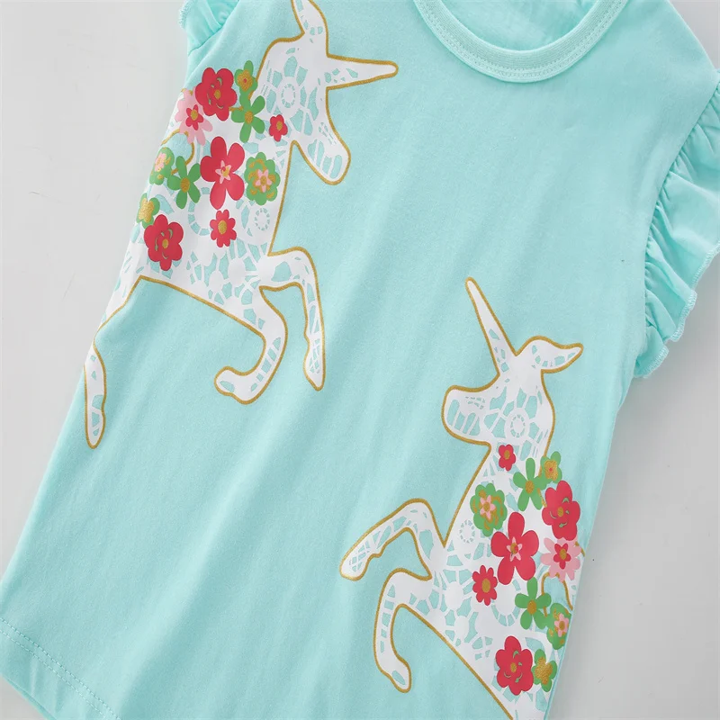 Meter springen Nieuwe collectie Eenhoorn Hot Selling Streep Meisjes T-shirts Zomer Kinderkleding Tops Tees Kostuum Baby