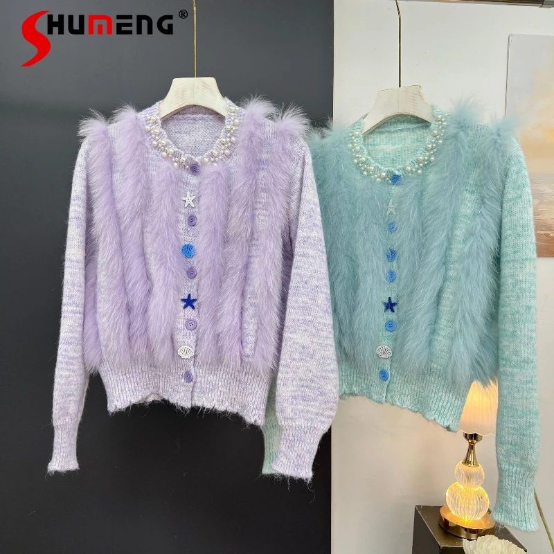 

Women 2025 Autumn Winter New Fur Fox Fur Chic Knitted Sweaters Women Short Style Pearl Collar Solid Color Cardigan Knitwear Tops