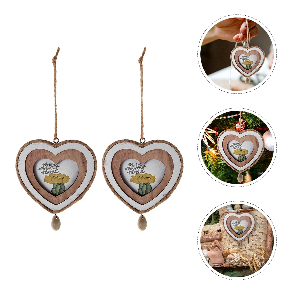 2 Pcs Heart Wooden Photo Frame Pendant of The Lid Milestone Tiny Miniature Picture