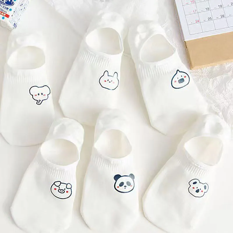 5 Pairs Of Summer Women's Socks Set Invisible Cartoon Cute Socks White Breathable Ankle Socks Silicone Anti Slip Animal Avatar