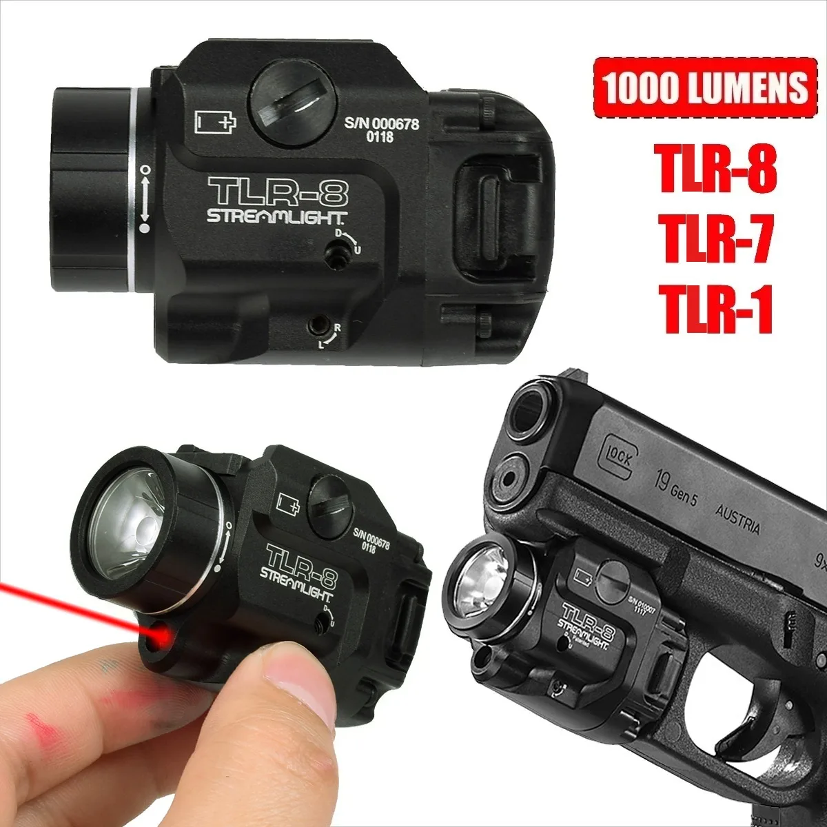 

Tactical 1000 Lumens TR-8 TR-7 TR 7X TR-1 Scout Light For Glock 17 19 1911 Taurus G2c G3C LED Strobe Laser Light Fit 20mm Rail