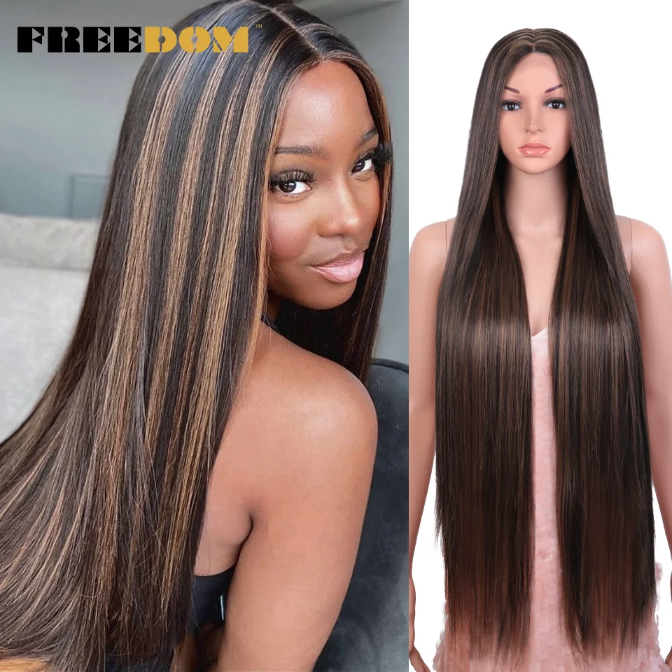 FREEDOM-Peluca de cabello sintético para mujeres negras, cabellera de 38 pulgadas con malla frontal, color ombré, rosa, rojo, jengibre, azul y blanco