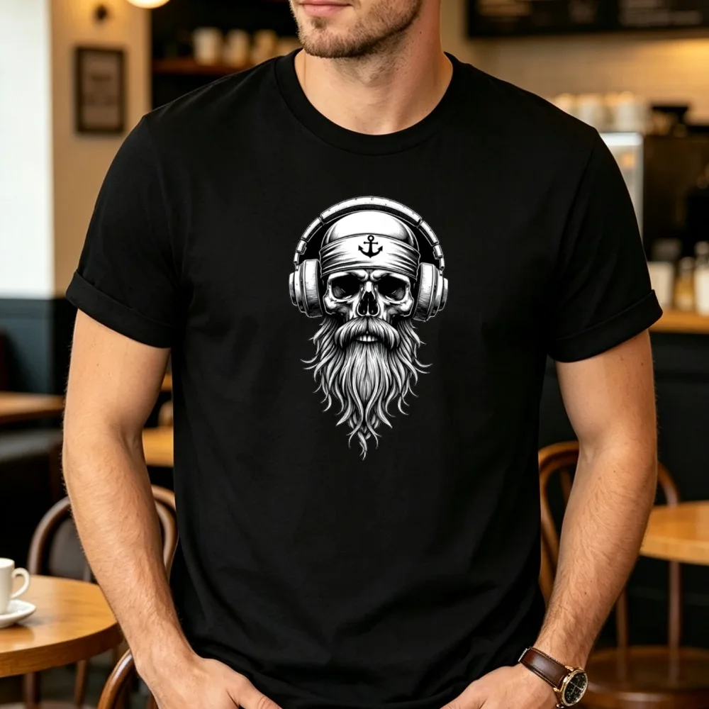 Cool Pirate Skull with Headphones Print Tee Unisex Crew Neck Short Sleeve Cotton Tshirt Nautical Anchor Tattoo Casual Summer Top