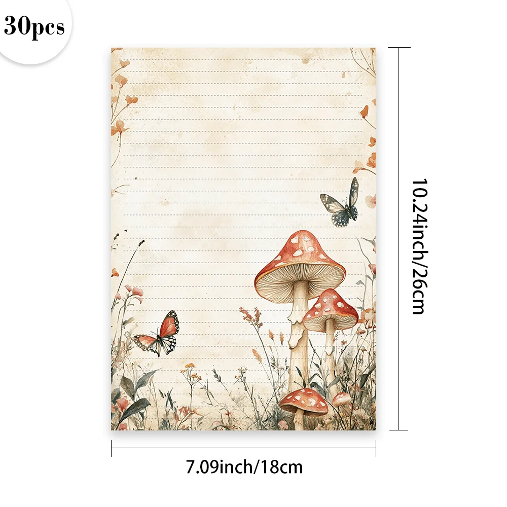 30 Sheets, B5 Vintage Forest Mushroom-themed Writing Paper, Lined, No Glue, Perfect For Notebooks, Memos, And Stickers