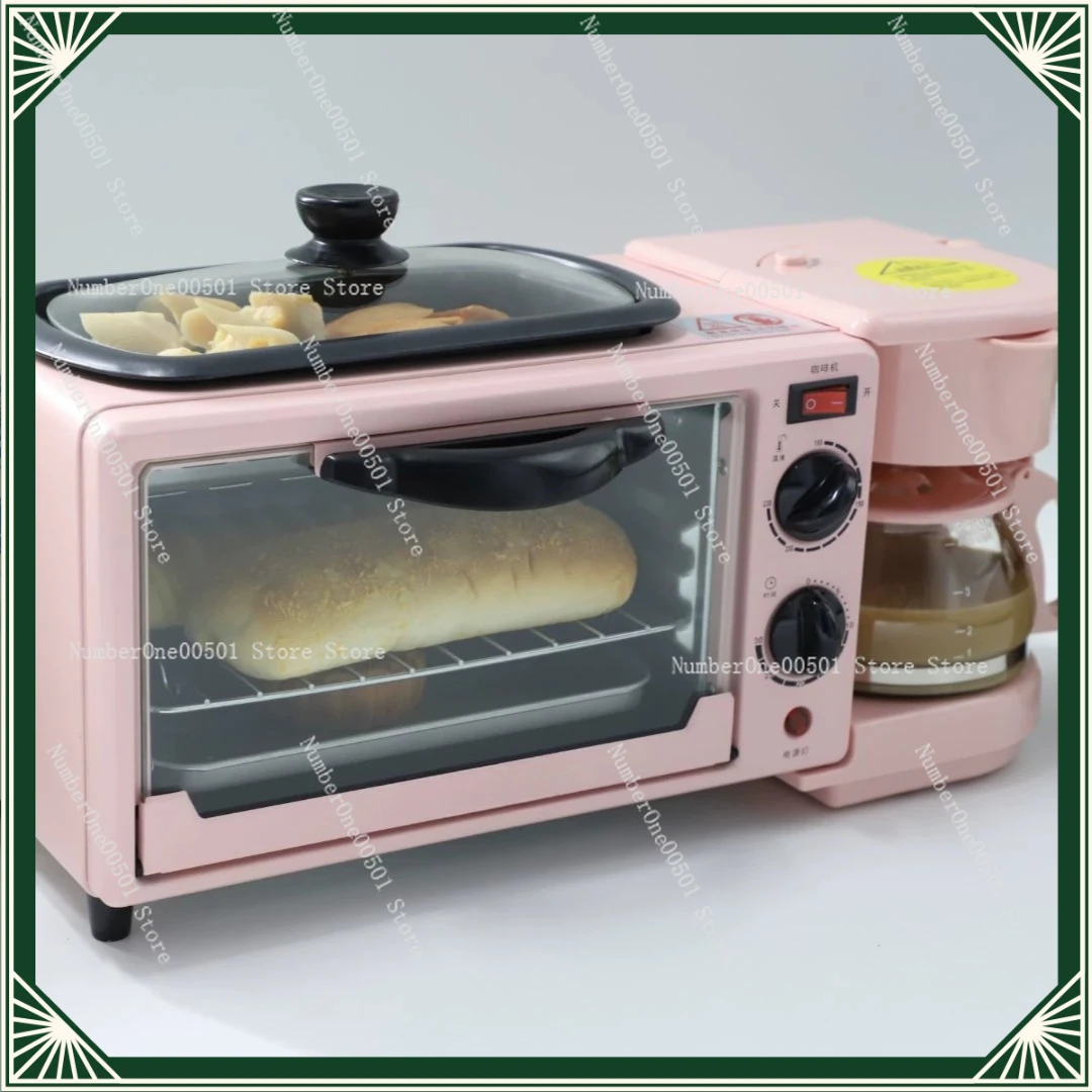 3-in-1PinkElectricBreakfastMaker220V,Multi-functionMiniOvenwithToastGrill,CoffeePot,FryingPan,Measuring Cup&TimerforHomeKitchen