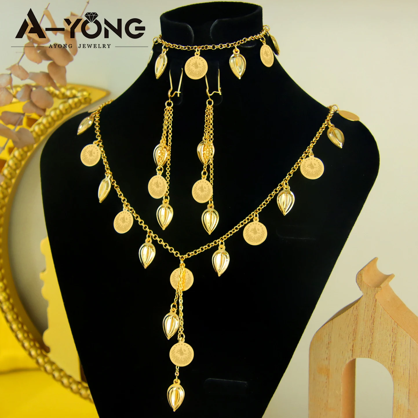 Nigeria Wedding Jewelry Set 24k Gold Plated Kurdish Bridal Coins Necklaces Bracelet Earrings Oman Women Vintage Jewelrys