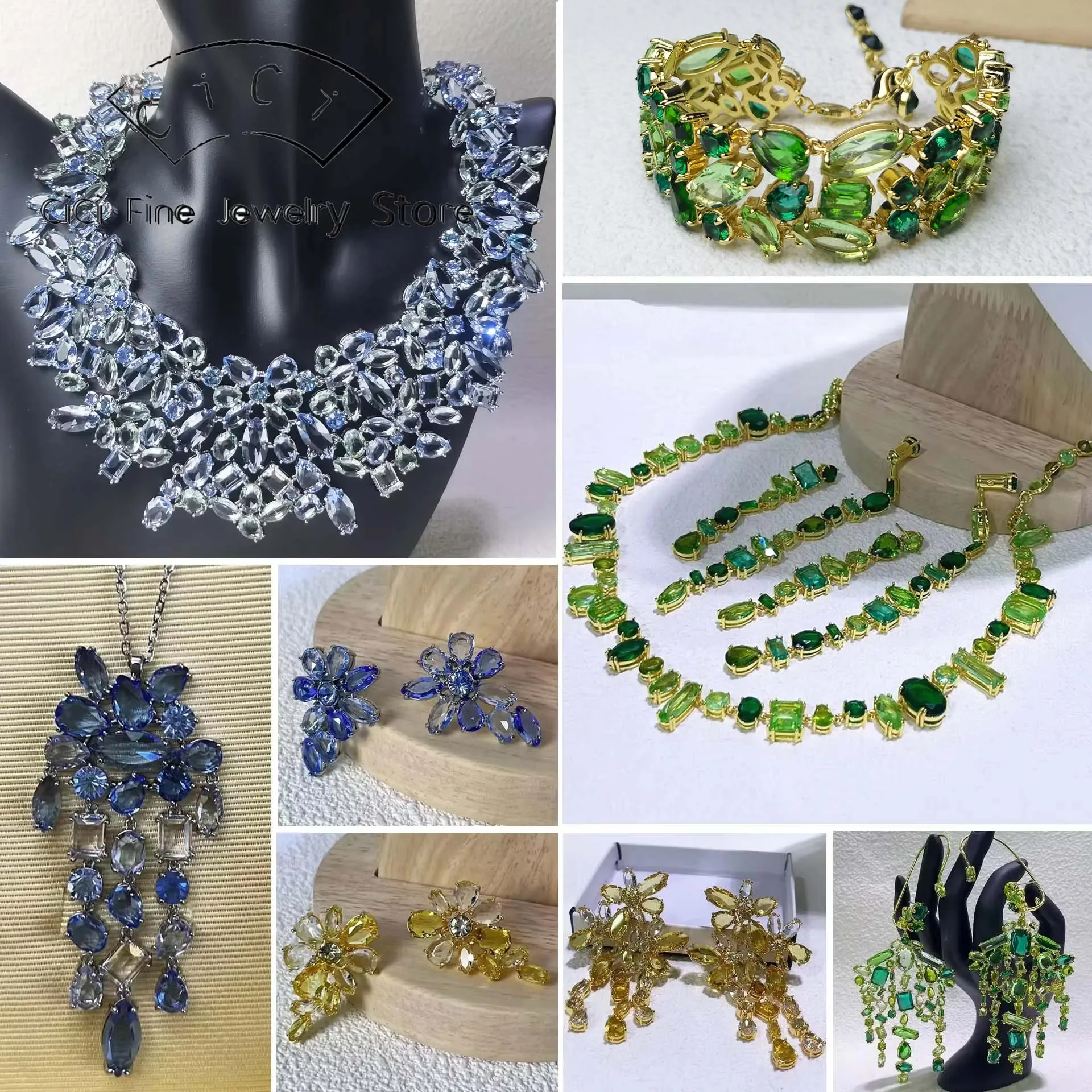 

Роскошное ожерелье-конфета 2025 года, изысканный комплект ювелирных изделий из нержавеющей стали, модные женские длинные серьги с зелеными кристаллами, браслет