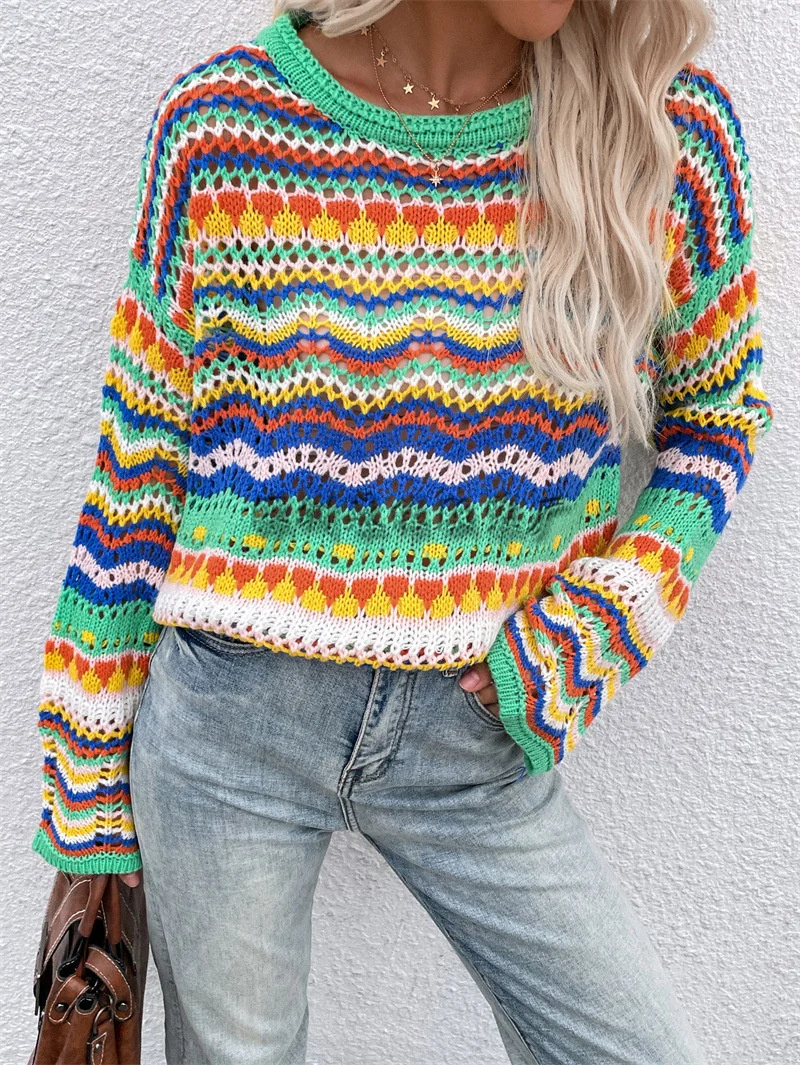 Herbst-Winter Damen Patchwork Loser Mehrfarbiger Regenbogen O-Ausschnitt Gestreifter Pullover Damenmode Lässiger Strickpullover