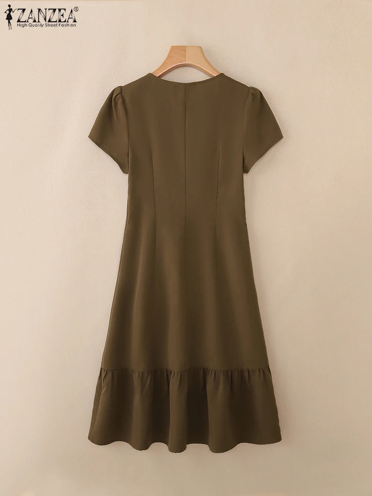 ZANZEA-vestido Midi elegante con cuello en V para mujer, vestido veraniego para trabajo de oficina, manga corta, botones lisos, 2025