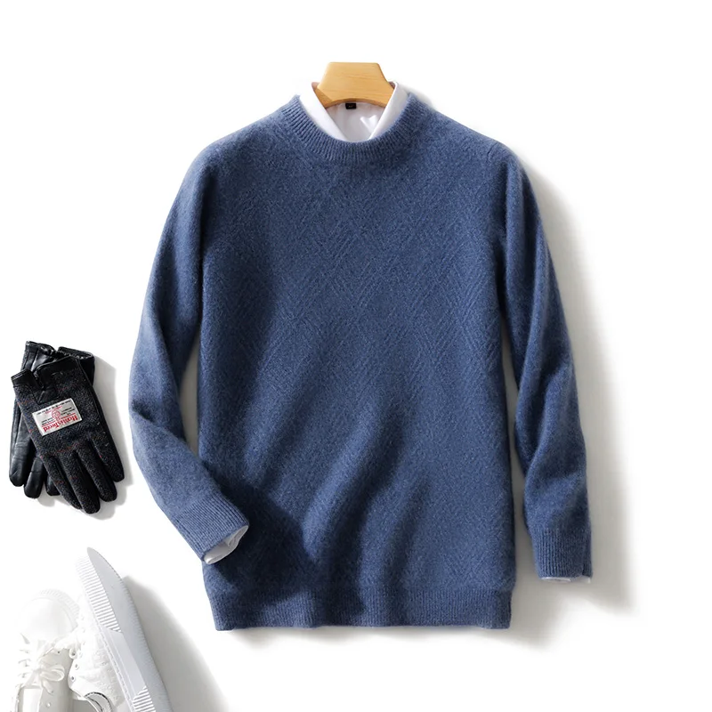 

2025 New 100% Pure Wool Sweater Men's Round Neck Diamond Thickened Sweater Business Casual Warm Inner Pullover