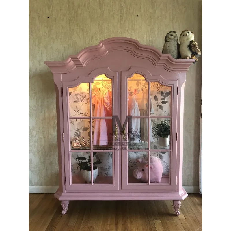 French solid wood carving flower Xiaohongshu wardrobe princess lo niang wardrobe bedroom double door pink storage display cabine
