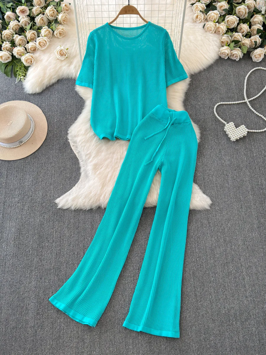 2024 Casual Set Summer New Round Neck Hollow Out Knitted Pullover Top+High Waist Wide Leg Pants Two Piece Set For Women Outfits