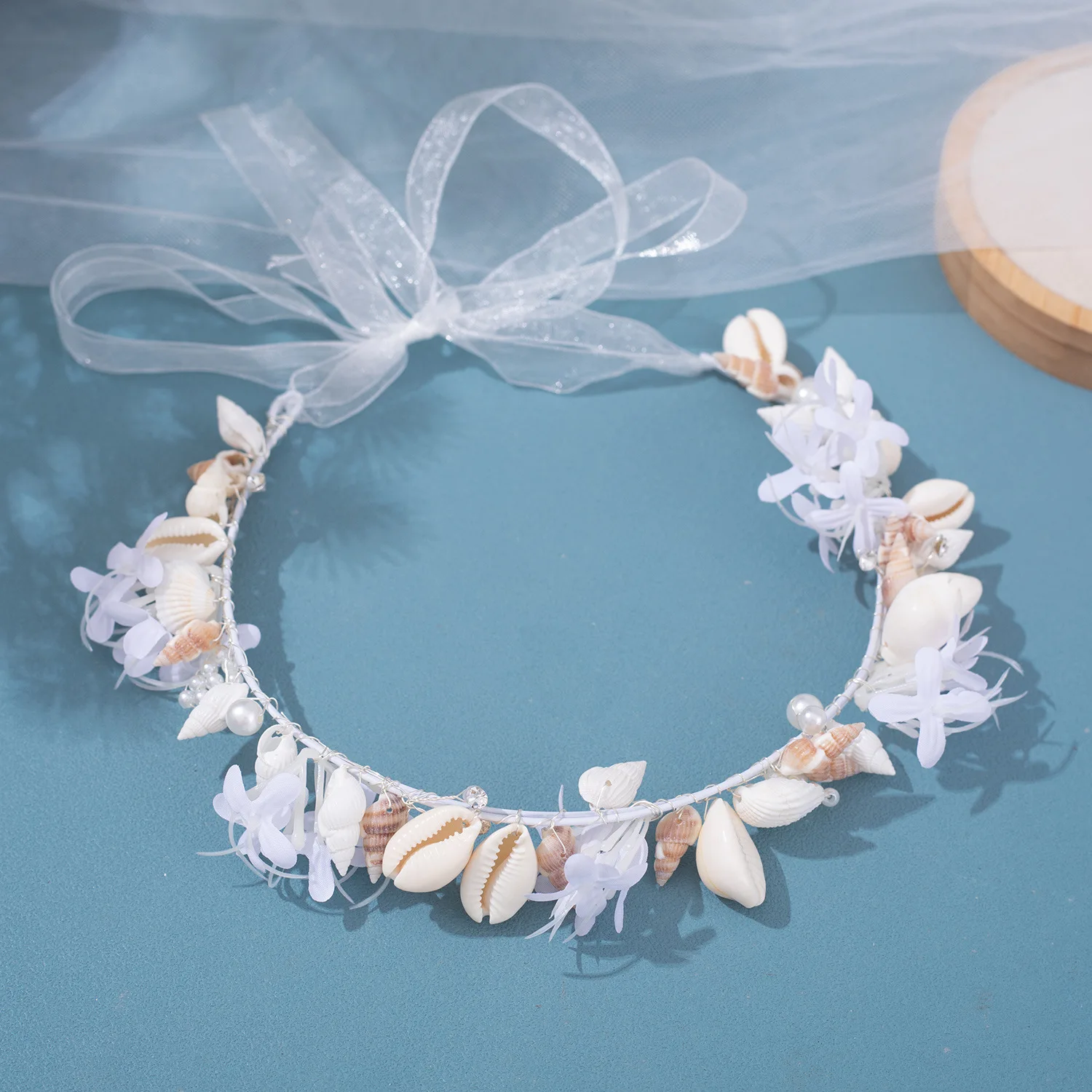 Handmade Pearl Conch Big Hoop Sea Snail Shell Garland Hairbands Crown Brides Seashell Headdress Beach Wedding Hair Accessories