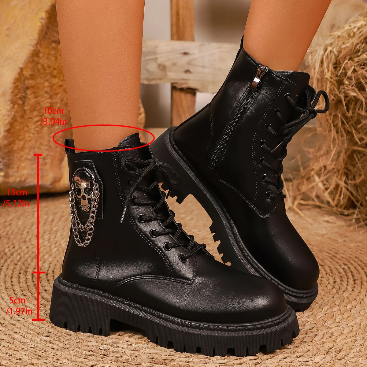 Women Round Toe Lace‑Up Combat Ankle Boots Side Zipper Metal Chain Ornament Thick Lug Sole Stylish Black Platform Short Boots
