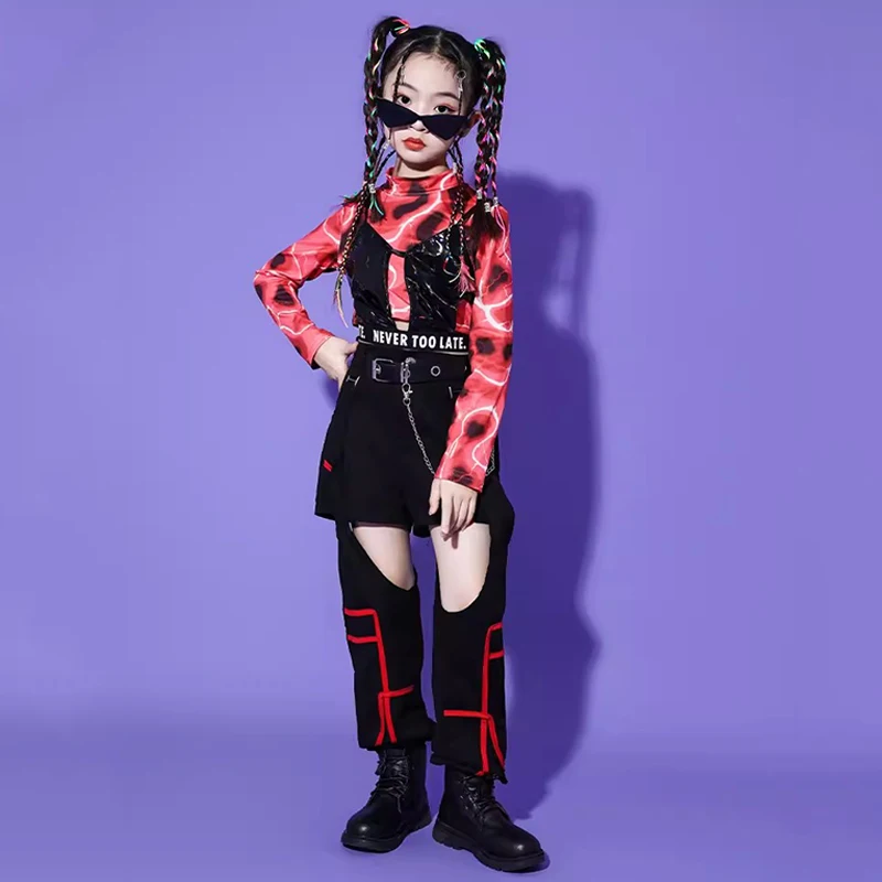 Disfraz de baile de Jazz de Hip Hop para niñas, Tops cortos de manga larga, pantalones negros, trajes de baile callejero, ropa de rendimiento Kpop, BL11387