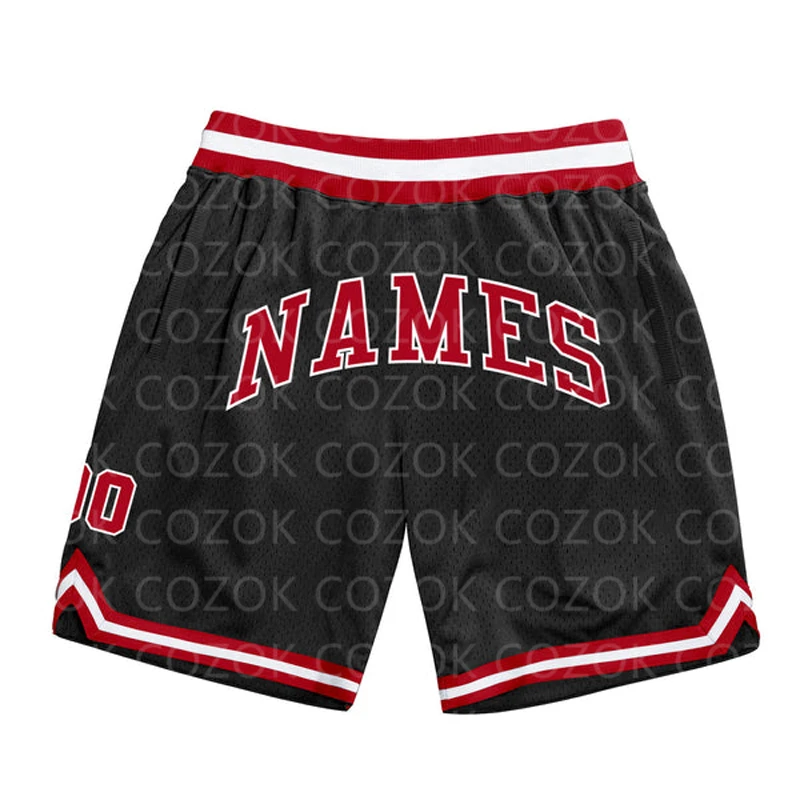 Shorts de basquete masculino personalizado, preto, vermelho, autêntico, impresso em 3D, nome, mumber, secagem rápida praia shorts