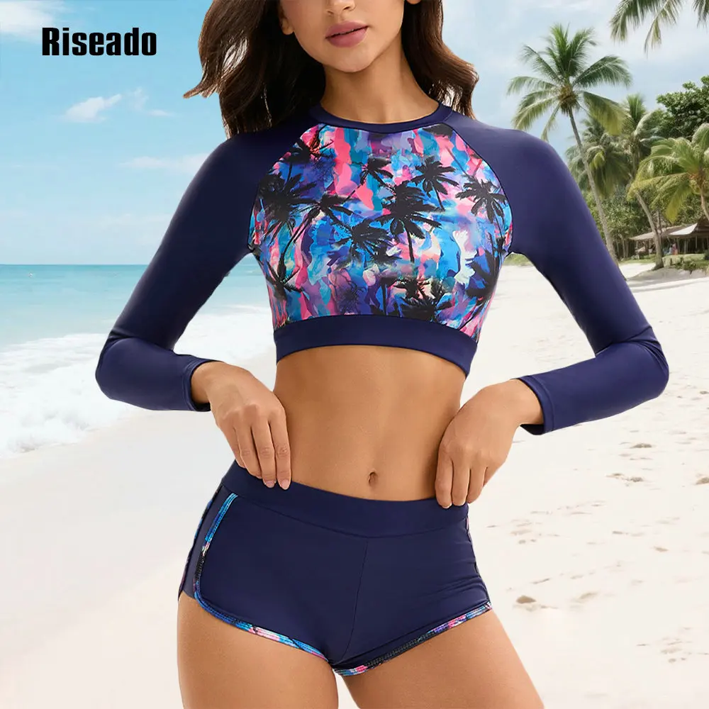 Riseado Womems Swimsuits Long Sleeve Two Piece Rash Guard UV Protection Crop Top Bathing Suits High Waist Beachwear