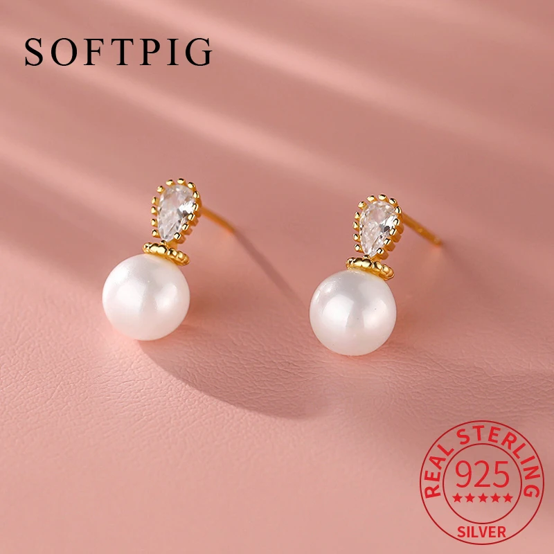 

SOFTPIG Real 925 Sterling Silver Pearl Zircon Water Drop Stud Earrings for Women Cute Fine Jewelry 2024 Trendy Accessories