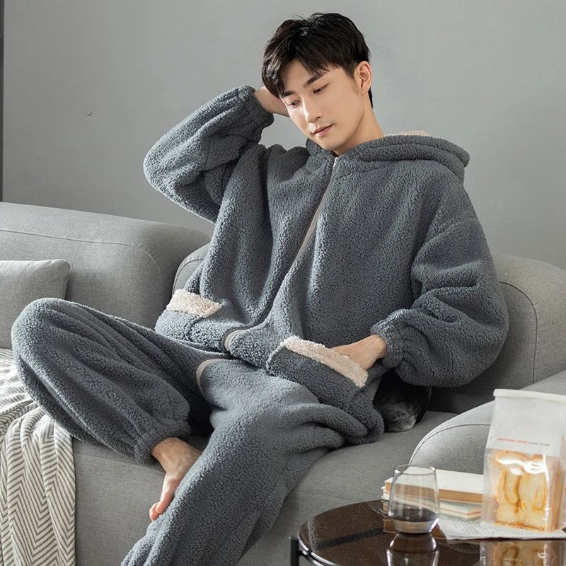 Winter One-piece Pajama Men\'s One-piece Soft Velveteen Plus Velvet-thickened Men\'s Homewear Can Be Worn Outside New Sleepwear