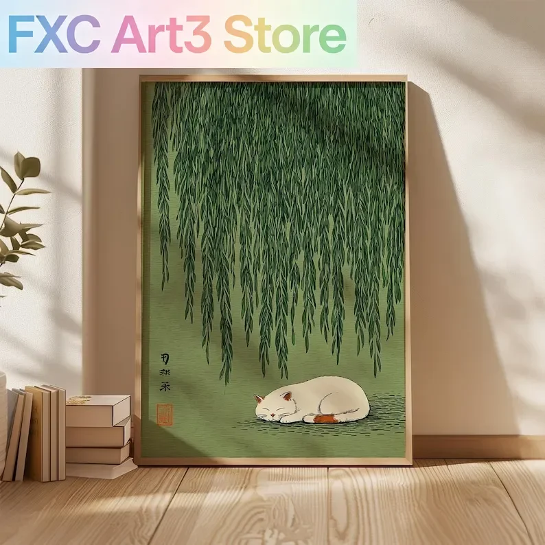 Frameless ,1pc Japanese Cat Under Willow Tree Poster, Und Green Nature Cat Wall Art Poster for Living Room and Bedroom Decortion