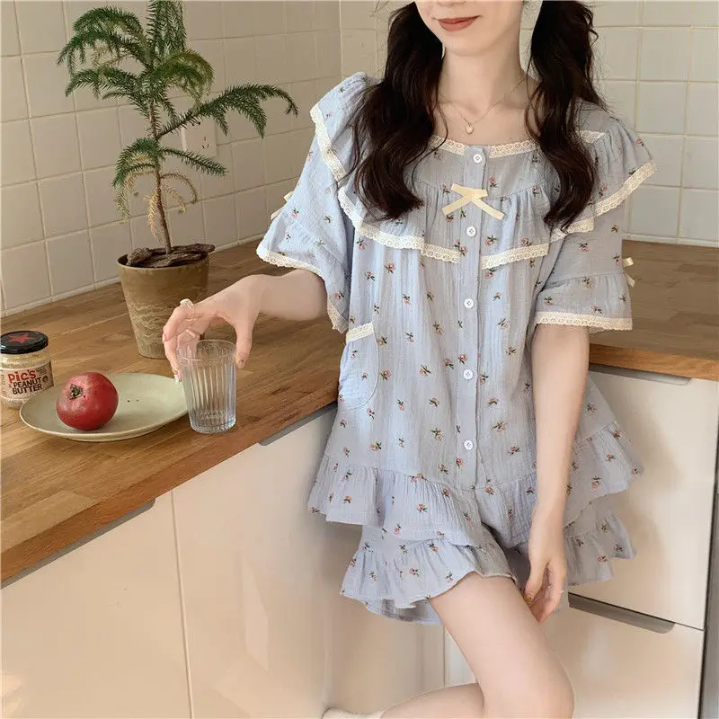 Ruffles Women Pajamas Sets for Home Summer Floral Sleepwear Shorts Sleeve Lace 2 Pieces Lace Night Wears Korean Home Suit New