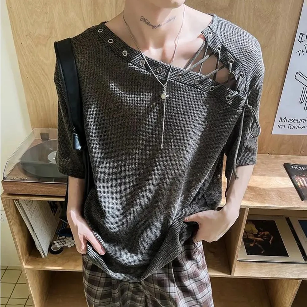 

Мужская однотонная футболка с короткими рукавами и бретелями, американский ретро-модный тренд, уличные свободные дышащие нишевые летние мужские топы