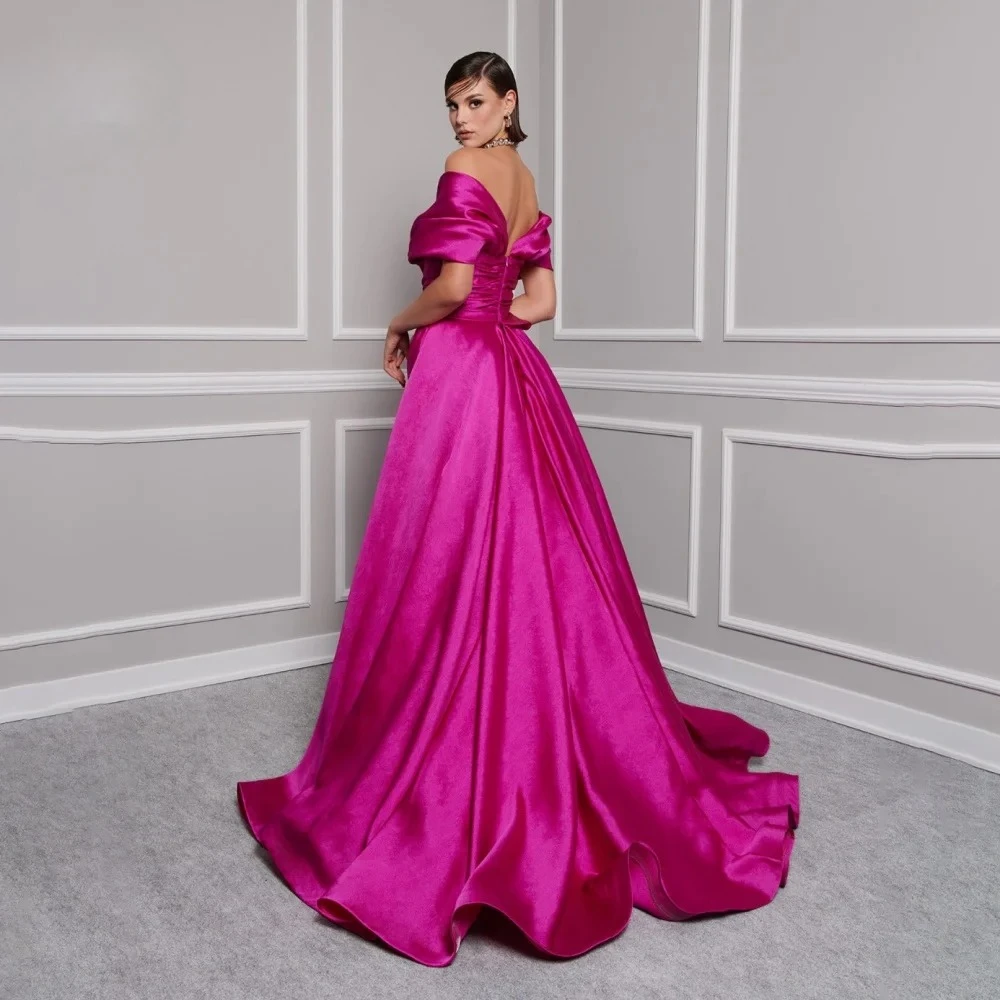 Red Long Prom Dress for Woman Customized Off The Shoulder Satin Pleated Side Split  A Line Sweep Train Formal Party Dresses