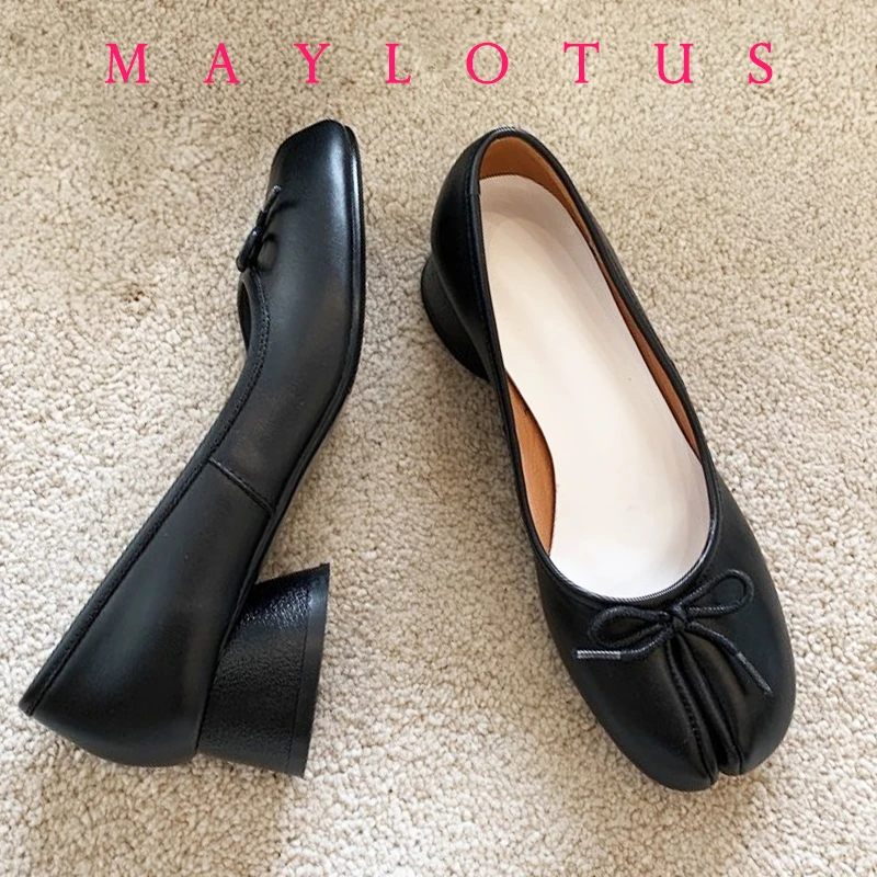 Split Toe 3cm Heel Tabi  Shoes Slip On Leather Comfy Shoes Soft Bottom solid Ladies Moccasins with Bowknot image 6