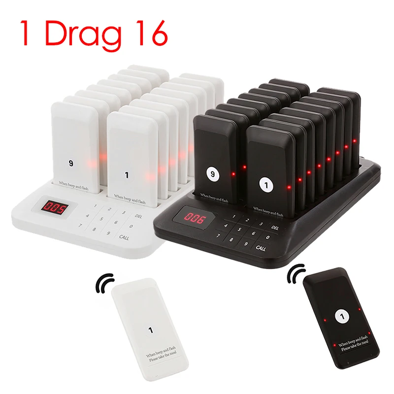 

Calling Pagers System Vibration LED Flashing Light Ringing Pager Queuing Caller Restaurant Wireless Buzzer 1 Drag 16 Receiver