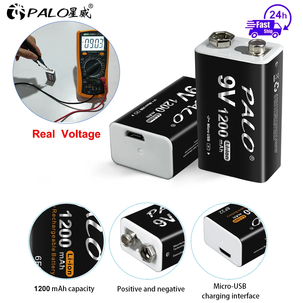 

PALO 1200mAh Li-Ion USB 9V Rechargeable Battery 6F22 Square Batteries For Microphone Guitar EQ Smoke Alarm 9 Volts Crown