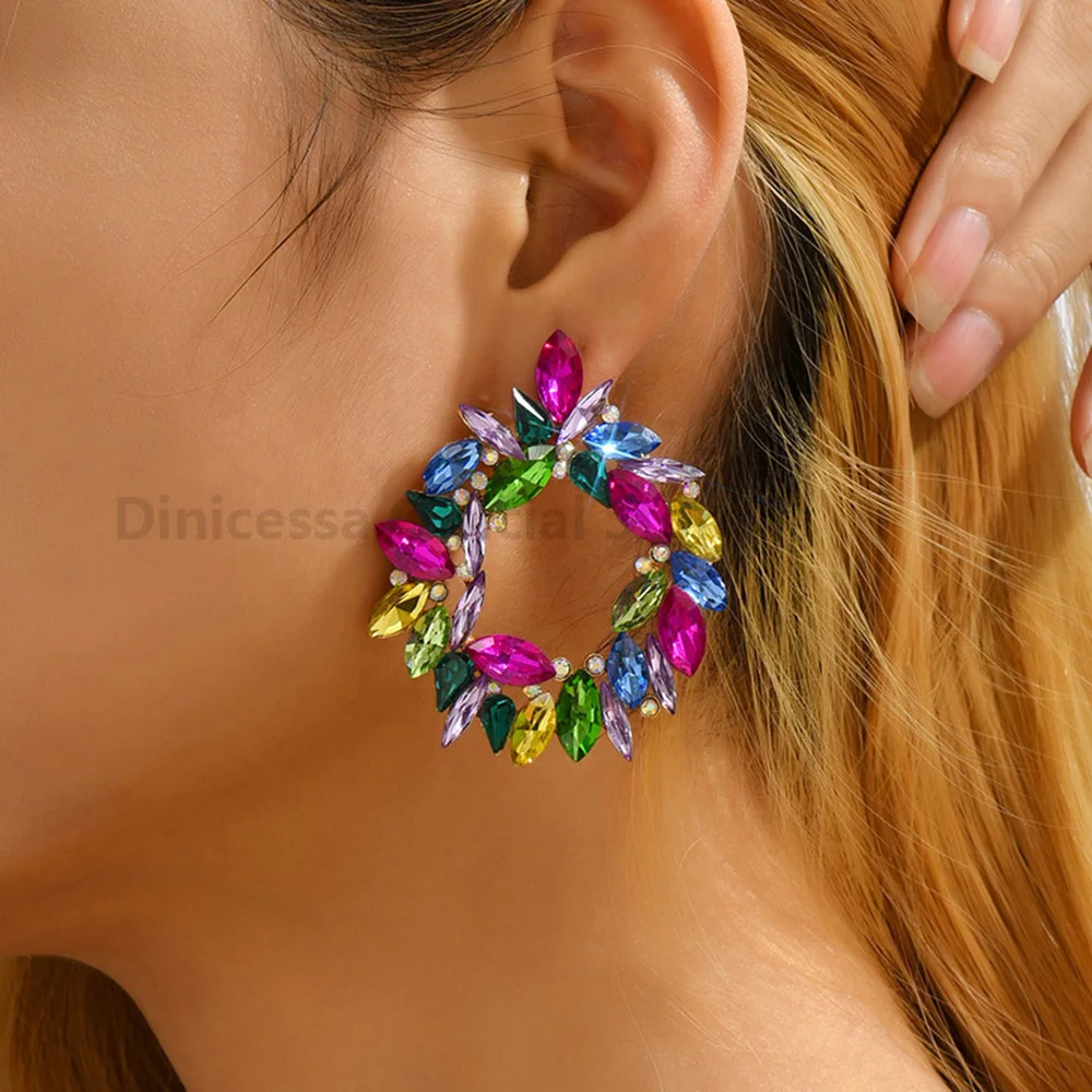 Bohemian Colorful Crystal Metal Hollow Big Dangle Earrings For Women Trend Luxury Particular Classic Party Jewelry Accessories