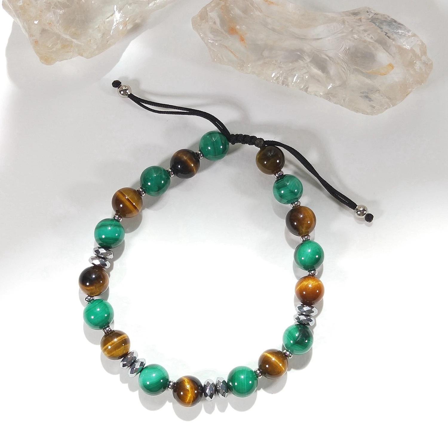 Lii Ji Natural Malachite Tiger's Eye 8mm Adjustable Bracelet for Male Jewelry