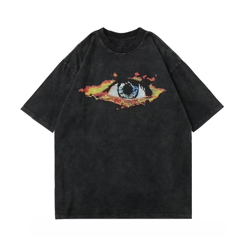 

2025 Summer New Washed Aging Short-sleeved T-shirt with Eyes Unisex Short-sleeved Cotton Top Street Style Versatile Top