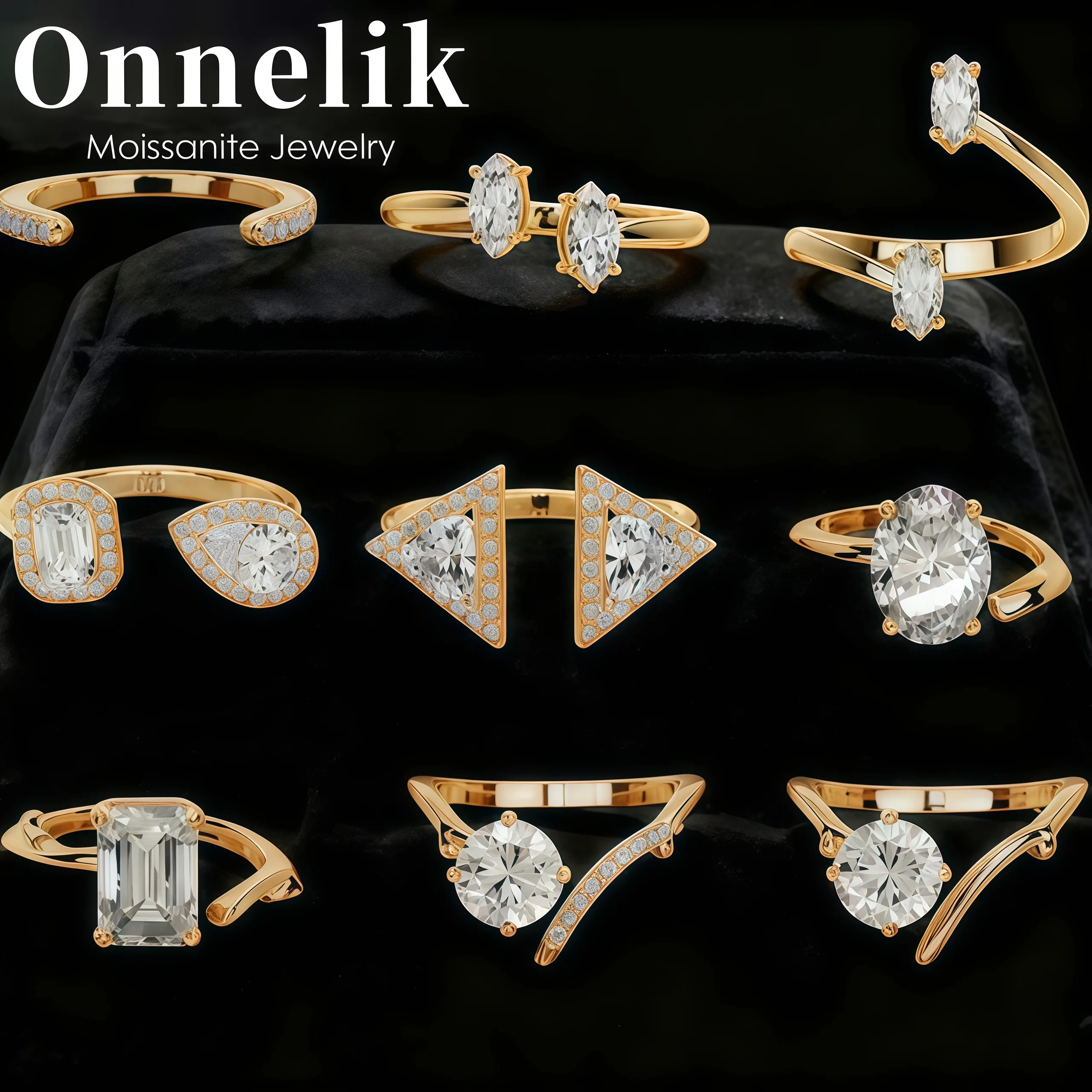 

Onnelik S925 стерлингового серебра позолоченное открытое кольцо с муассанитом для женщин модное легкое роскошное регулируемое штабелируемое ювелирное изделие